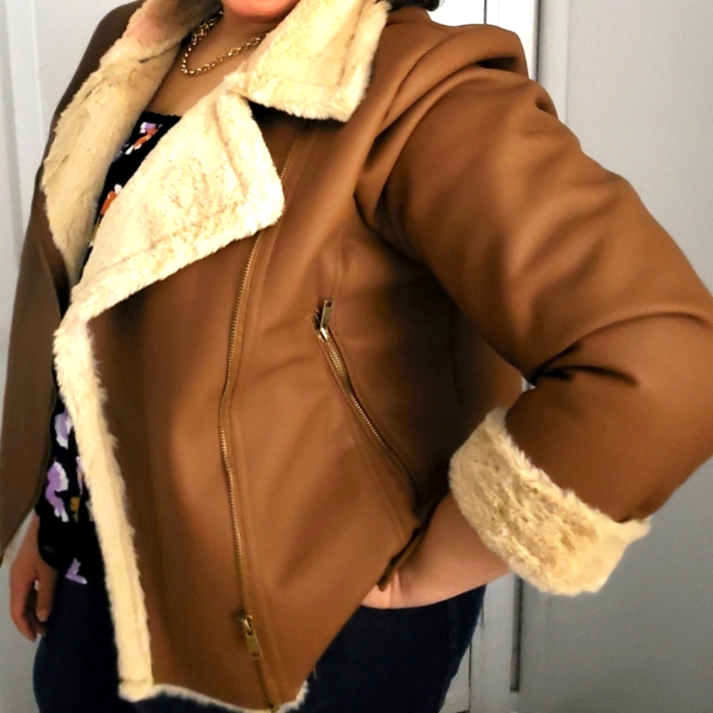 Ana Brown Fleece Lined Motorcycle Jacket (2X)